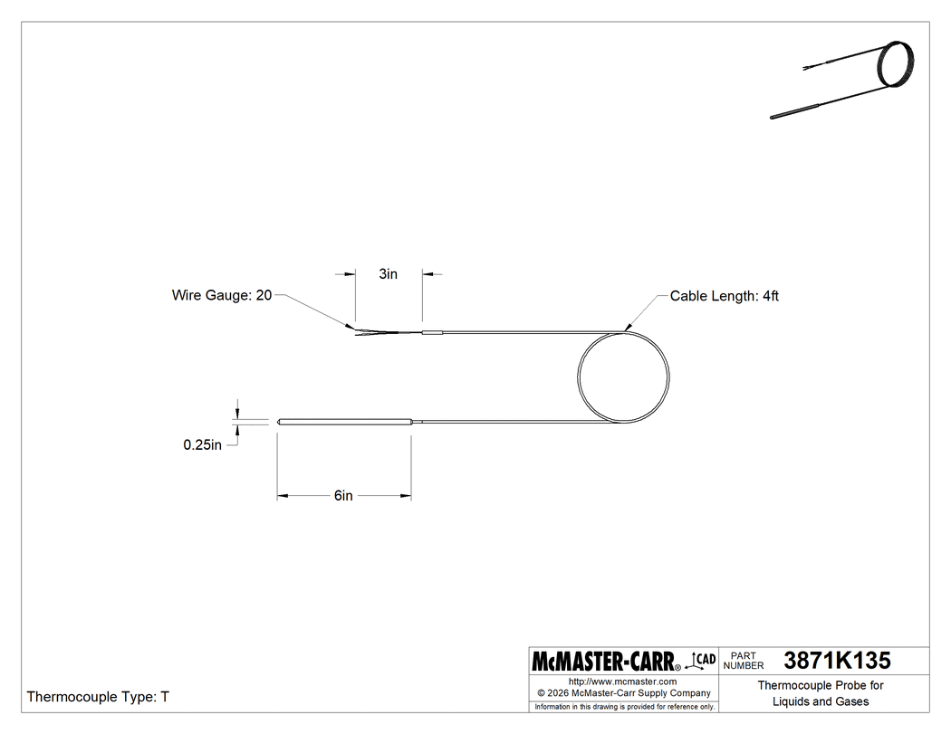 Technical Drawing of Thermocouple Probe for Liquids and Gases, Noninsulated, Type T, 6" Long x 1/4" Diameter.